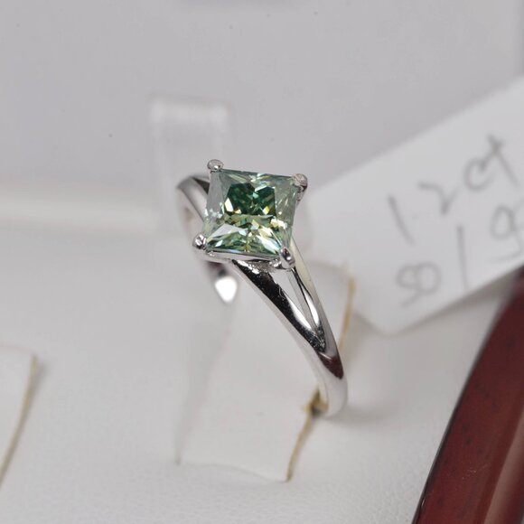GRA Certified 1.2ct Princess Blue Green Engagement Moissanite Ring - Picture 3 of 7